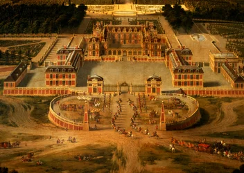 Udsigt over slottet, haven og parken i Versailles fra Avenue de Paris, detalje af slottet, 1668 olie på lærred detalje af 81242