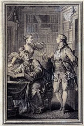 En nærig kvinde, galant Croc - i ""Fortællinger og noveller på vers"" af Jean La Fontaine. 1776. Illustration af P.P. Choffard.