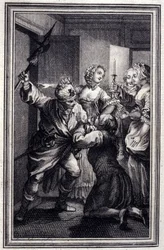 La Gageure des trois commeres - i "" Fortællinger og noveller på vers"" af Jean La Fontaine. 1776. Illustration af P.P. Choffard.