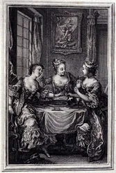 La Gageure des trois commeres - i "" Fortællinger og noveller på vers"" af Jean La Fontaine. 1776. Illustration af P.P. Choffard.