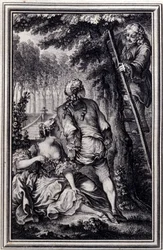 La Gageure des trois commeres - i "" Fortællinger og noveller på vers"" af Jean La Fontaine. 1776. Illustration af P.P. Choffard.