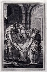 Matronen fra Efesos - i "" Fortællinger og noveller på vers"" af Jean La Fontaine. 1776. Illustration af P.P. Choffard.