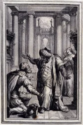 Den lille hund, der skyder penge og sten - i "" Fortællinger og noveller på vers"" af Jean La Fontaine. 1776. Illustration af P.P. Choffard.