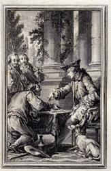 Fortælling om en bonde, der havde fornærmet sin Herre - i "Fortællinger og nyheder på vers" af Jean La Fontaine. 1776. Illustration af P.P. Choffard.