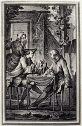 øresneglen eller muslingekompotoren. I "Tales et nouvelles en vers" af Jean de La Fontaine, Amsterdam 1776. illustreret af P.P.Choffard.
