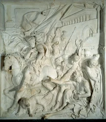 Alexander den Store (356 f.Kr.-323 f.Kr.) møder den græske filosof Diogene Kynikeren (413 f.Kr.-327 f.Kr.) i sin tønde”” Basreliefmarmor af Pierre Puget (1620-1694) 1693. Fra Salle-nedstigningen Suisse (Louvre) ). Paris, Louvre-museet