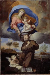 Jomfruen giver skulderbladet til Saint Simon Stock (død 1265) (olie på lærred)