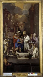 Konstantins dåb: Kejser Caius Flavius Valerius Aurelius Constantinus modtager nadveren af pave Sylvester I (helgen), i Johannes Lateranbasilikaen i Rom