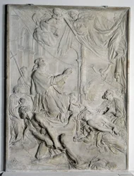 lavt relief af pesten i Milano - Saint Charles Borromee (San Carlo Borromeo) (1538-1584, kardinal og ærkebiskop af Milano) beder (marmor)