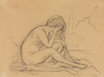 Study of a Female Nude ...recto, Studies of Drapery and Study of a Landscape verso, 1800-tallet.