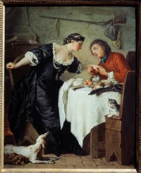 Falken. Illustration af en fabel af Jean de La Fontaine. Maleri af Pierre Subleyras (1699 - 1749)