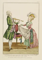 En herre, der spiller violin, mens en dame danser, indgraveret af J. Pelicier, ca. 1780-90