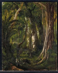 Rejsende i en cubansk skov (olie på panel)