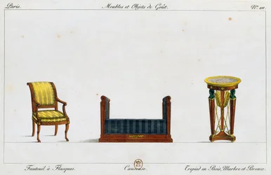 Flangelænestol, loveseat og stativbord, tallerken 211, illustration fra Collection de meubles et objects de gout (Samling af møbler og smagsgenstande)
