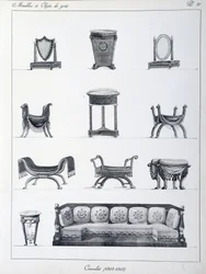 Møbler af periodens konsulat (1802-1803). Tallerken taget fra samlingen "" Collection de mobilier et objets de taste"" af Pierre de la Mesangere (1761-1831). Paris. Dekorativ kunst