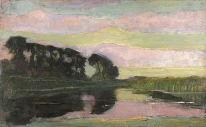 Flodlandskab med lyserød og gulgrøn himmel, ca 1907-1908.