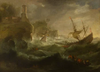 Ships Foundering off a Rocky Coast, ca. 1657-1701 (olie på lærred)