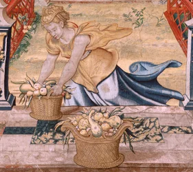 flamsk gobelin. Serier Vertumnus og Pomona.Vertumnus forvandlet til en bonde. Den centrale del af den nedre grænse ser vi en episode om Jupiters kærlighed: Danaë. Andet gobelin i serien. Model Circle af Pieter Coecke van Aelst. Fremstilling Wil