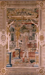 flamsk gobelin. Serier Vertumnus og Pomona.Vertumnus forvandlet til en bonde. Andet gobelin i serien. Venstre del forvandlingen af Daphne. Model Circle af Pieter Coecke van Aelst. Fremstilling Wilhelm Pannemaker, Bruxelles. Ca 1545-1550. Fabri