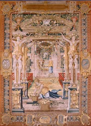 flamsk gobelin. Serier Vertumnus og Pomona.Vertumnus forvandlet til en bonde. Den centrale del af den nedre grænse ser vi en episode om Jupiters kærlighed: Danaë. Andet gobelin i serien. Model Circle af Pieter Coecke van Aelst. Fremstilling Wil