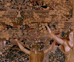 flamsk gobelin. Serier Vertumnus og Pomona.Vertumnus forvandlet til en bonde. Andet gobelin i serien. Højre del transformationen af nymfen Myrrha. Model Circle af Pieter Coecke van Aelst. Fremstilling Wilhelm Pannemaker, Bruxelles. Ca 1545-