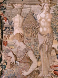 flamsk gobelin. Serien Vertumnus og Pomona. Vertumnus forvandlet til en gammel kvinde. Vertumnus forvandlet til en gammel kvinde. Sjette gobelin i serien. Model Circle af Pieter Coecke van Aelst. Fremstilling Wilhelm Pannemaker, Bruxelles. Ca 1545-1550.