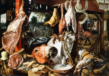En slagterbod med Den Hellige Familie på flugten til Egypten, 1551