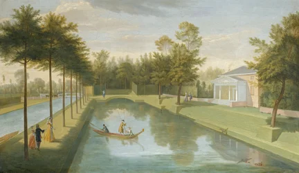 Udsigt over templet ved vandet, med bassinet og den lange kanal, Chiswick Villa (olie på lærred)