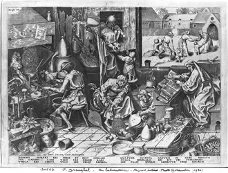 Alkymisten i arbejde, graveret af Hieronymus Cock (ca. 1510-70)