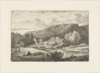 Bakket landskab med kirke og huse Vandlandskaber (serietitel)
