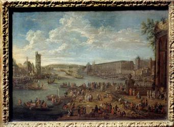Udsigt over Louvre og tårnet i Nesles taget fra Ile de la Cite i Paris. Maleri af Pieter Li Casteels (1684-1749)
