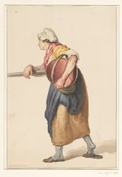 Stående kvinde med en spand under armen