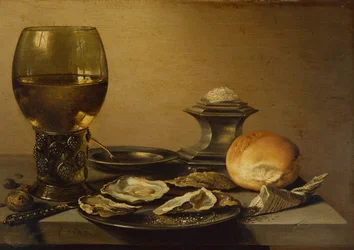 Morgenmadsstilleben med østers, salt, brød og nødder