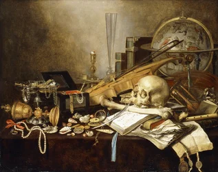 Et Vanitas-stilleben af musikinstrumenter og manuskripter, en væltet forgyldt bæger, en smykkeskrin, en lysestage, en astrologisk globus, en perlerække, juveler, skaller, et kranium og lårben og et timeglas på et draperet bord, 1653
