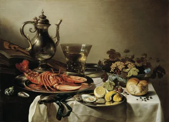 Bord med hummer, sølvkande, stor Berkemeyer, frugtskål, violin og bøger, 1641
