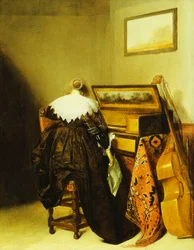 En siddende dame set bagfra foran en jomfru,