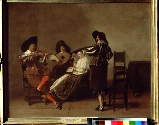 ""Soiree musicale"" (musikalsk aften) Tre musikere og en ung kvinde (vokal). Maleri af Pieter Codde (1599-1678) Pushkin Museum fra det 17. århundrede, Moskva