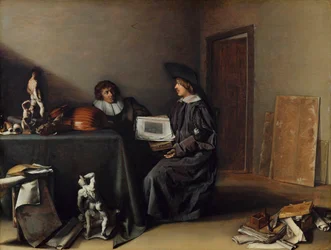""En kunstner og en kunstelsker i samtale"" (Kunstner og kunstelsker i samtale) Maleri af Pieter Codde (1599-1678), - Olie på træ, 41,7x55,1 - Fondation Custodia