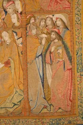 flamsk gobelin. Bebudelse. Detalje, ca. 1502-04 (guld, sølv, silke og uld)