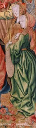 flamsk gobelin. Serie Episoder fra Jomfruens liv; Præsentation ved templet (Presentación en el Templo). Andet gobelin i serien. Modeller tilskrevet Jan van Roome (eller van Brussel). Fremstilling Pieter van Aelst, Bruxelles. Ca 1502-1504.