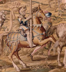 flamsk gobelin. Serien Erobringen af Tunis; Gennemgang af tropperne i Barcelona (La revista de las tropas en Barcelona). Andet gobelin i serien. Model Jan Vermeyen og Pieter Coecke van Aelst. 1543-1548. Fremstilling Real Fábrica de Tapices de Sant