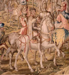flamsk gobelin. Serien Erobringen af Tunis; Gennemgang af tropperne i Barcelona (La revista de las tropas en Barcelona). Andet gobelin i serien. Model Jan Vermeyen og Pieter Coecke van Aelst. 1543-1548. Fremstilling Real Fábrica de Tapices de Sant