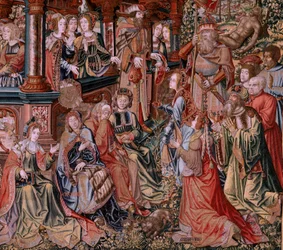 flamsk gobelin. Serien The Honours. Dyd (La Virtu, El Vicio). Ottende gobelin i serien. Modeltegnere fra Bernard van Orleys og Jan Gossaerts kreds (Mabuse). Fremstilling Pieter van Aelst, Bruxelles. Ca 1550. Stof Guld, sølv, silke a
