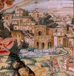 flamsk gobelin. Serien The Passion of Christ. Nedstigningen fra korset (Descandimiento). Den anden billedtæppeserie af Kristi Passion, der tilhører Patrimonio Nacional. Modeltegnere fra Jan van Roomes kreds. Fremstilling Pieter va
