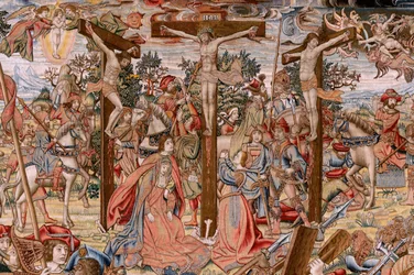 Flamsk gobelin. Serien Kristi lidelse; vejen til Golgata og mødet med Veronika (Camino del Calvario y encuentro con la Verónica). Det første af de gobeliner, der opbevares af Nationalarven. Modelkartontegnere fra kredsen omkring Jan van Roome og Bern