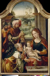 Tilbedelsen af ​​mages (tilbedelse af Magi). Maling af Pieter Coecke Van Aelst den gamle (1502-1555), olie på træ, første halvdel af det 16. århundrede. Primitiv flamsk kunst. State Art Gallery, Lviv (Ukraine).