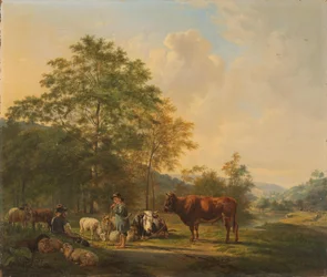 Bakket landskab med hyrde, drover og kvæg