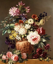 Stilleben med sommerblomster. Roser, pæoner, anemoner, iris. Maleri af Georgius Jacobus Johannes Os (1782-1861) Privat samling.