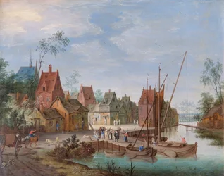 A Flemish Village: The River Landing Stage (olie på kobber)