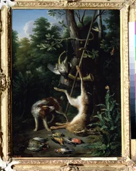 ""Jaghund og fuglevildt"" (Hund og fuglevildt) Maleri af Peter Gysels (1621-1691) 1600-tallet. Pushkin Museum, Moskva
